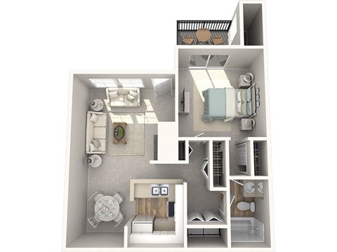 Floor plan for 1 bed, 1 bath, 741 sqft